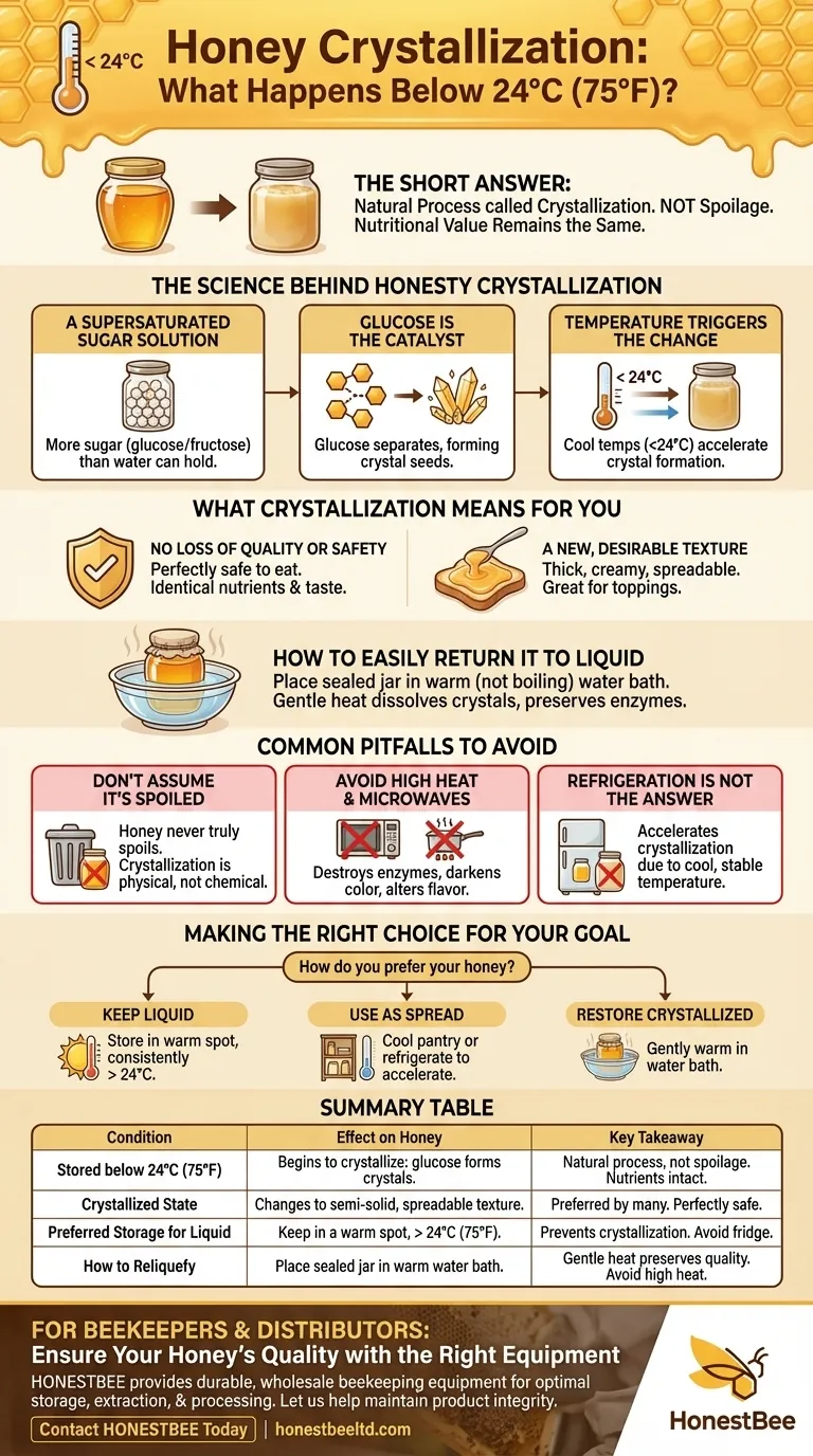 What happens to honey when it is kept at temperatures below 24 °C? Understanding Natural Crystallization Visual Guide