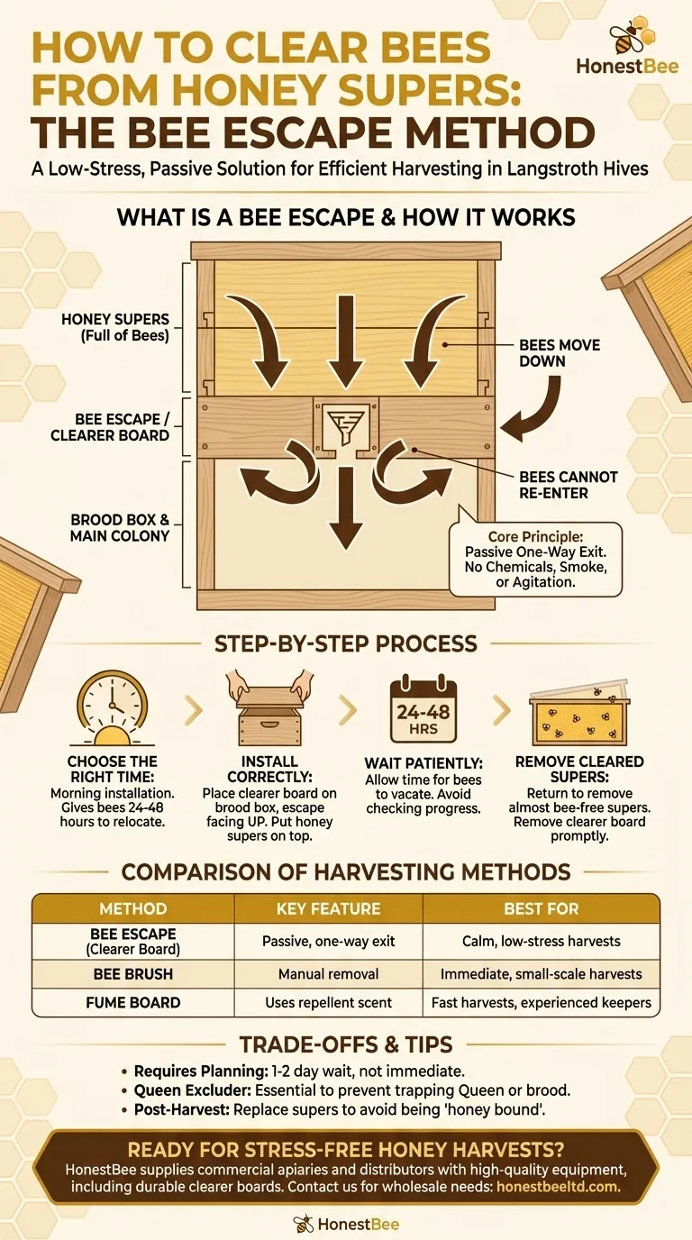 랑스트로브 벌통에서 꿀 저장통(honey supers)에 있는 벌들을 어떻게 제거할 수 있나요? 벌 탈출구(Gentle Bee Escape)를 사용하세요. 시각적 가이드