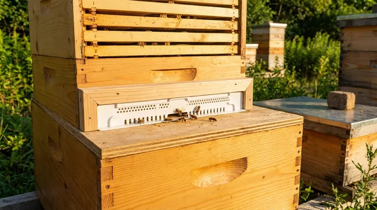 랑스트로브 벌통에서 꿀 저장통(honey supers)에 있는 벌들을 어떻게 제거할 수 있나요? 벌 탈출구(Gentle Bee Escape)를 사용하세요.