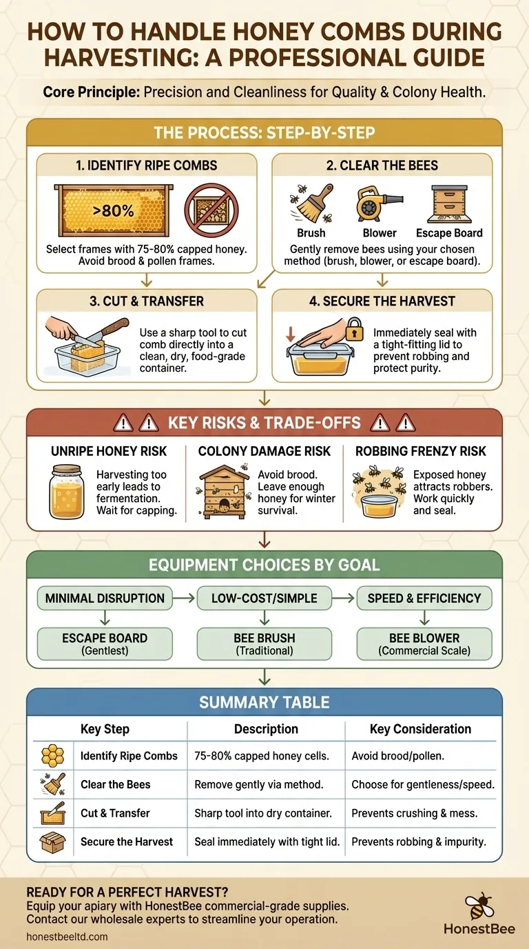 How should combs with honey be handled during harvesting? A Beekeeper's Guide to a Clean, Efficient Harvest Visual Guide