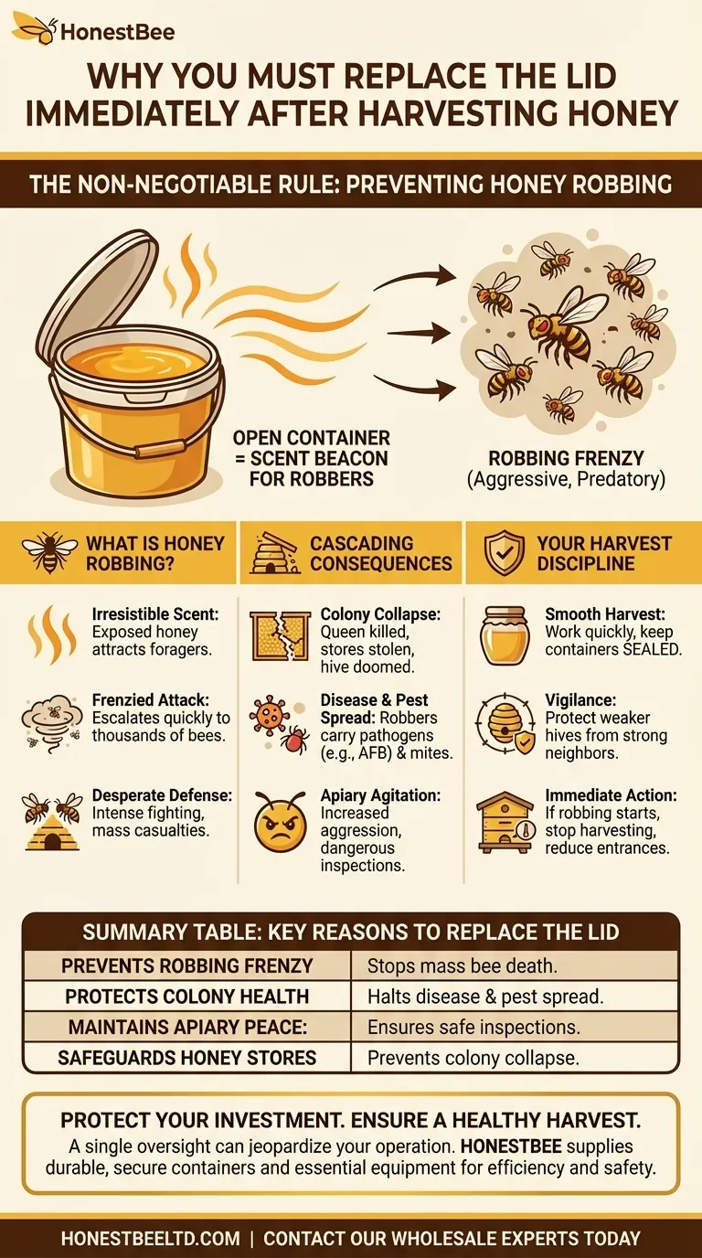 수확 직후 용기 뚜껑을 즉시 교체하는 것이 왜 중요할까요? 꿀 약탈 및 군집 붕괴 방지 시각적 가이드
