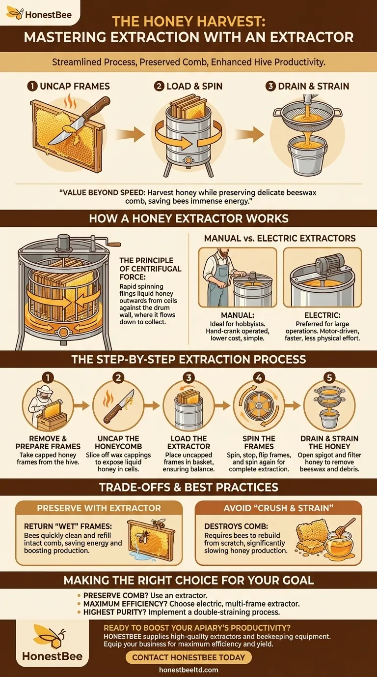 What is the process of using an extractor to harvest honey? Master Efficient, Comb-Preserving Harvests Visual Guide