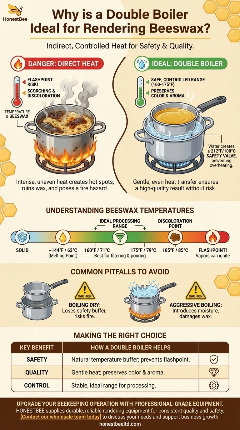 Why is a double boiler ideal for rendering beeswax? Ensure Safe, High-Quality Results Visual Guide