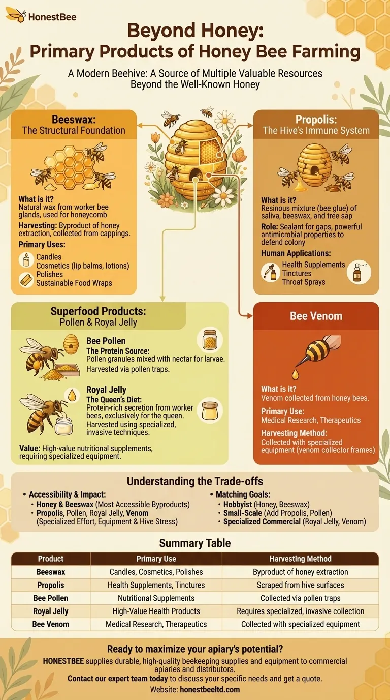 What are the primary products of honey bee farming besides honey? Discover the Hive's Hidden Treasures Visual Guide