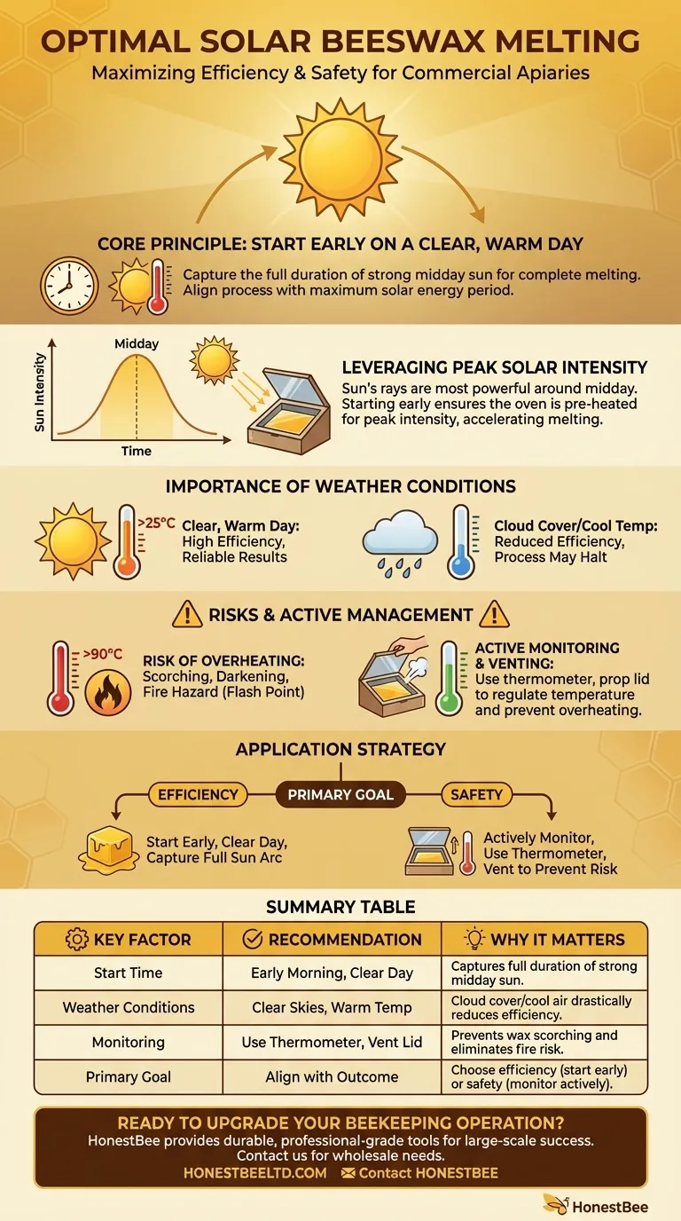 What is the recommended time to start melting beeswax in a solar oven? Maximize Sunlight for a Perfect Melt Visual Guide