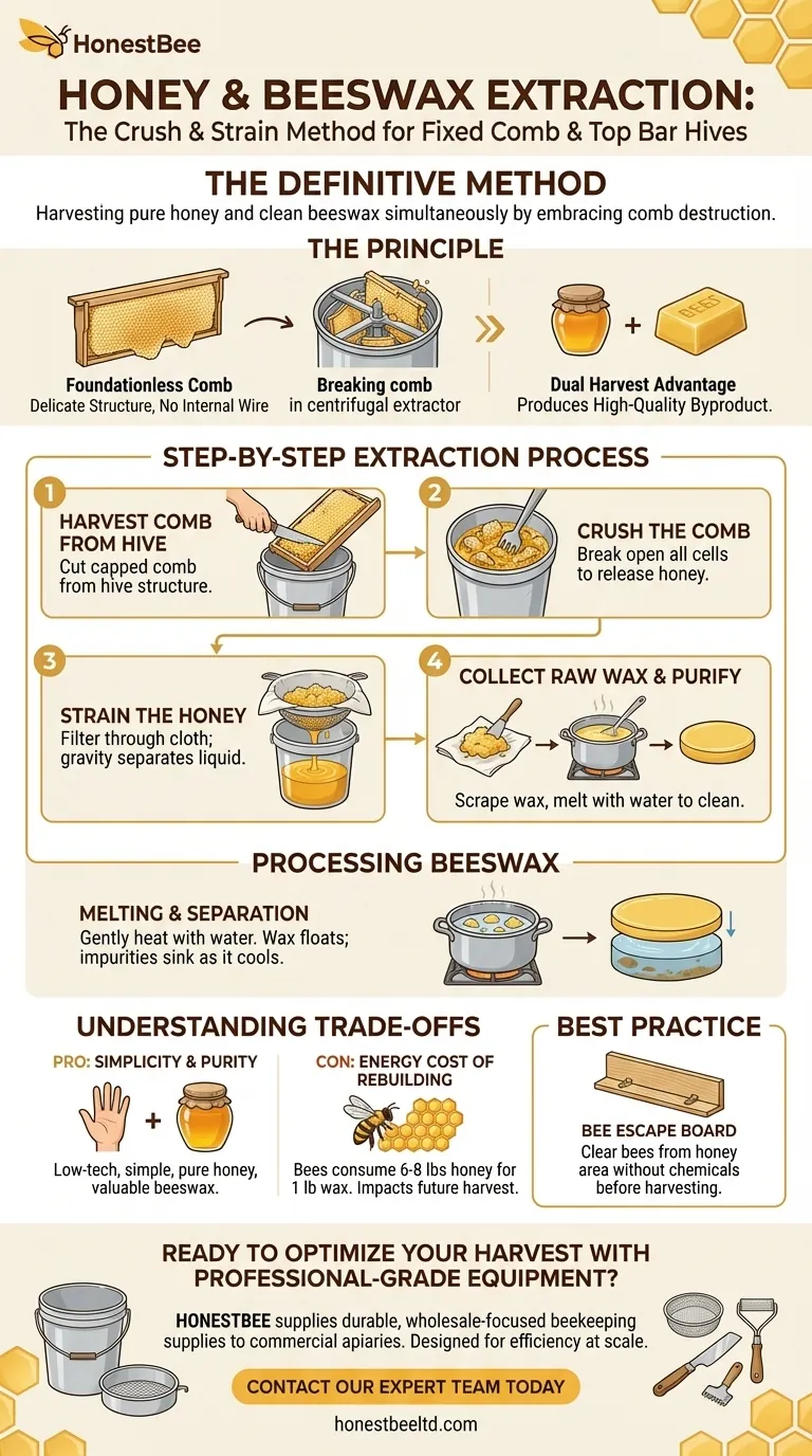 What is the process for extracting honey and beeswax from fixed comb and top bar hives? A Guide to the Crush and Strain Method Visual Guide
