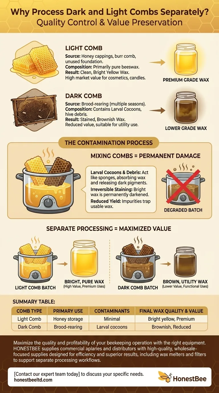 어두운 색과 밝은 색의 벌집을 분리하여 처리해야 하는 이유는 무엇인가요? 밀랍의 순도와 가치를 극대화하세요 시각적 가이드