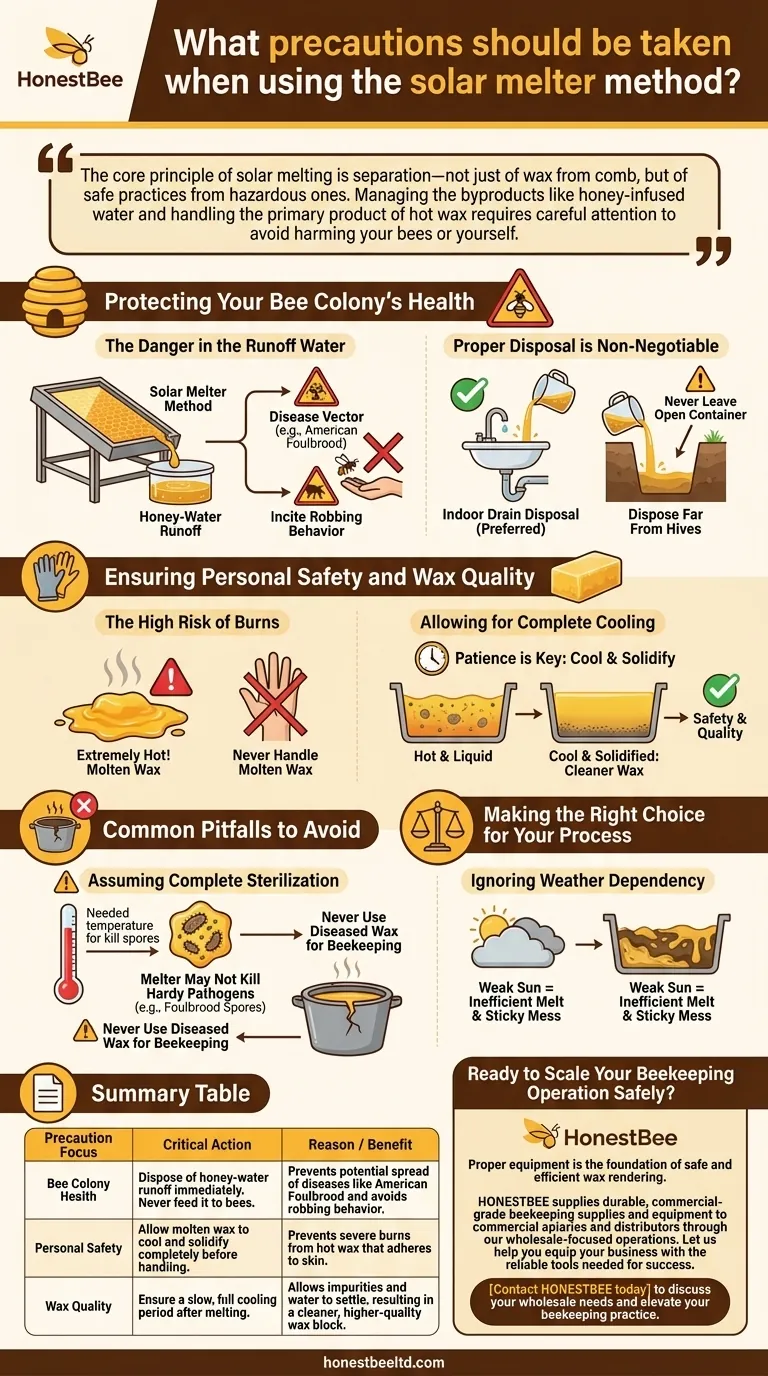 What precautions should be taken when using the solar melter method? Protect Your Bees and Yourself Visual Guide