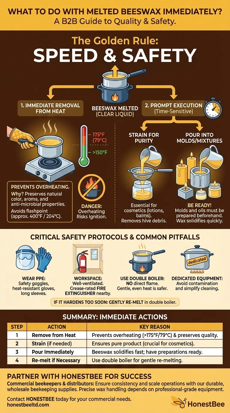 What should be done with melted beeswax immediately after melting? Act Fast to Ensure Quality & Safety Visual Guide