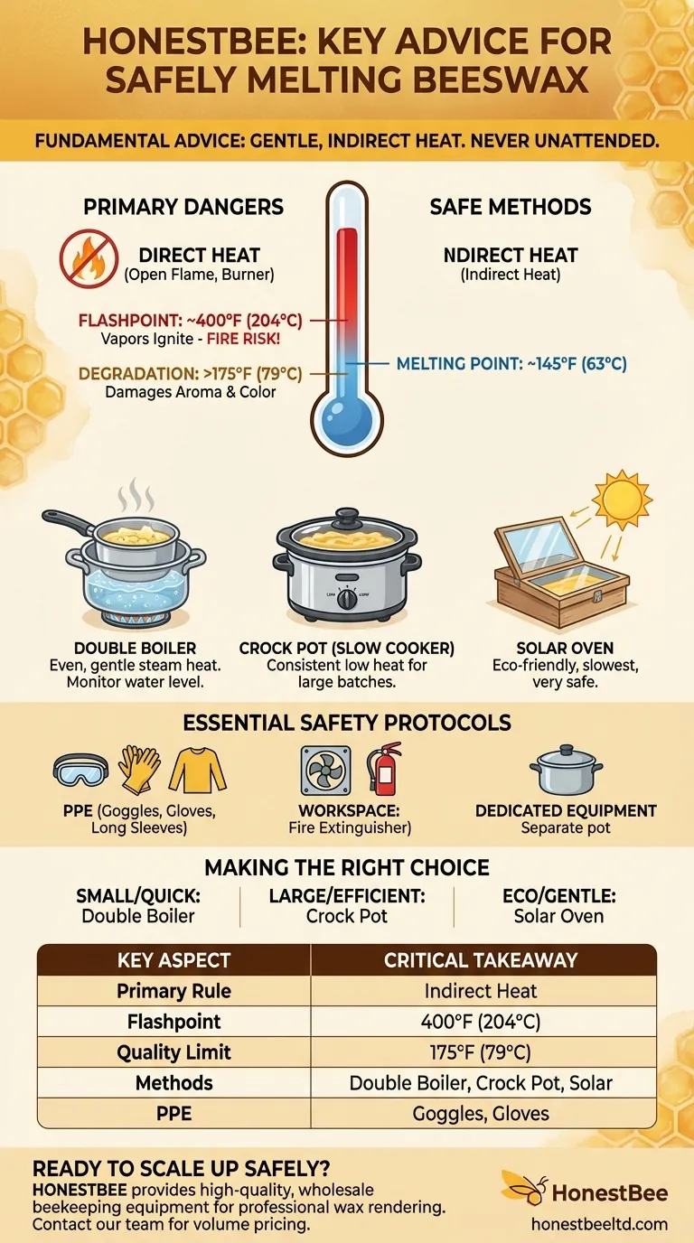 What is the key advice for safely melting beeswax? Master Safe, Gentle Heat Techniques Visual Guide