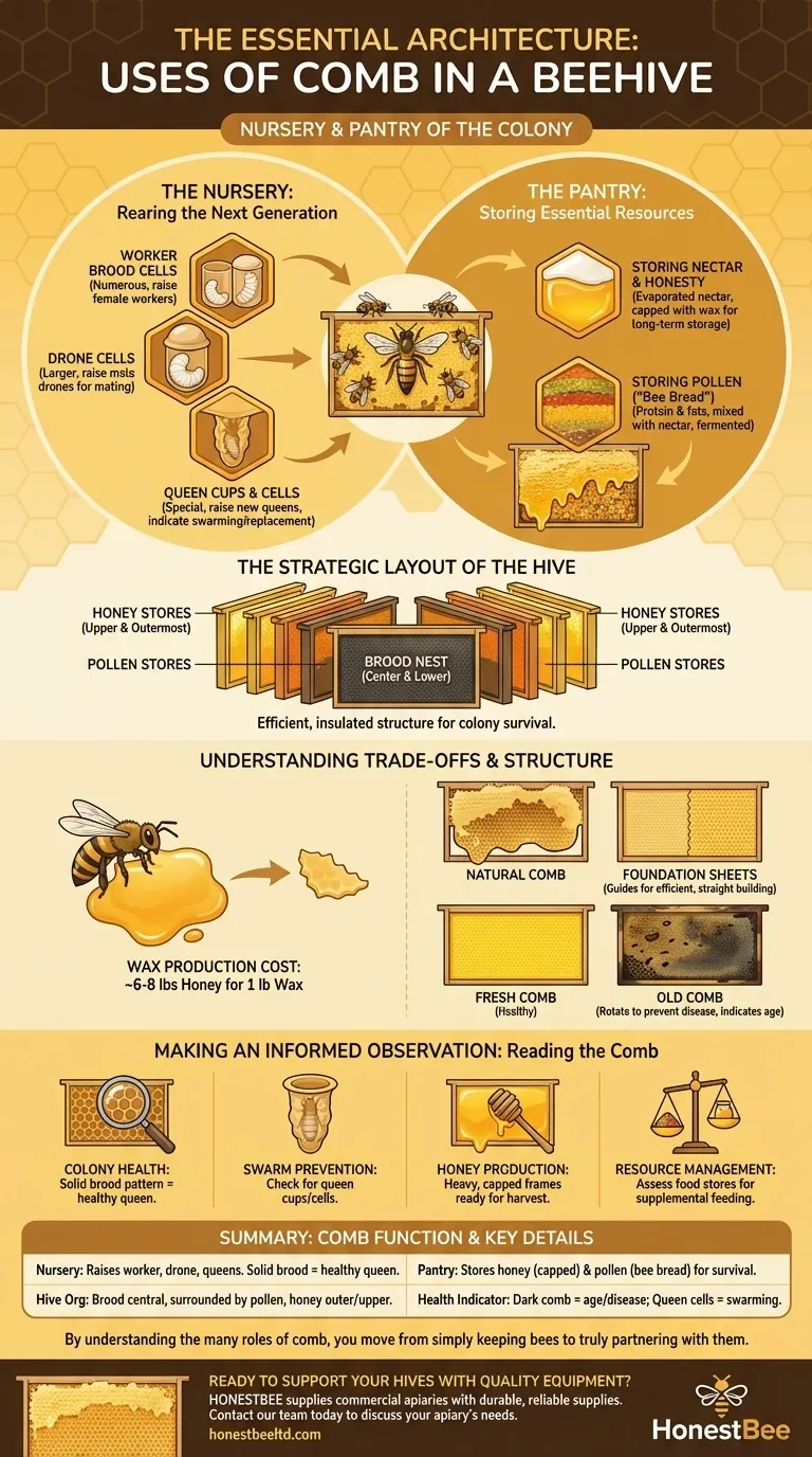 Quais são os diferentes usos do favo em uma colmeia de abelhas? Um Guia para a Arquitetura Essencial da Colmeia Guia Visual