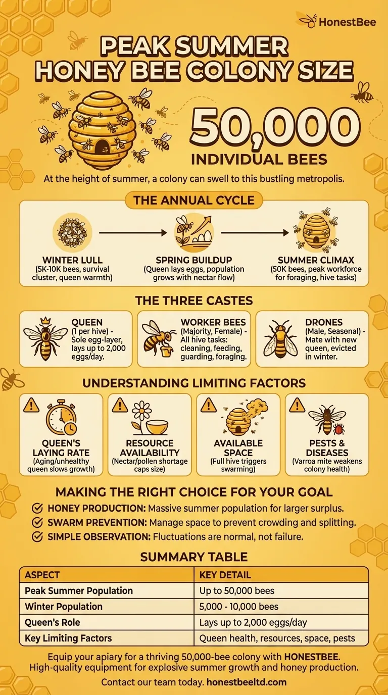 꿀벌 군집은 여름 동안 최대 어느 정도의 크기에 도달할 수 있나요? 성수기에는 최대 50,000마리의 벌 시각적 가이드