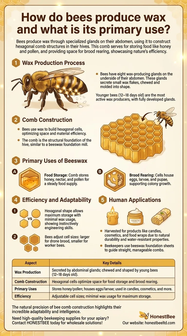 How do bees produce wax and what is its primary use? Nature's Ingenious Engineering Visual Guide