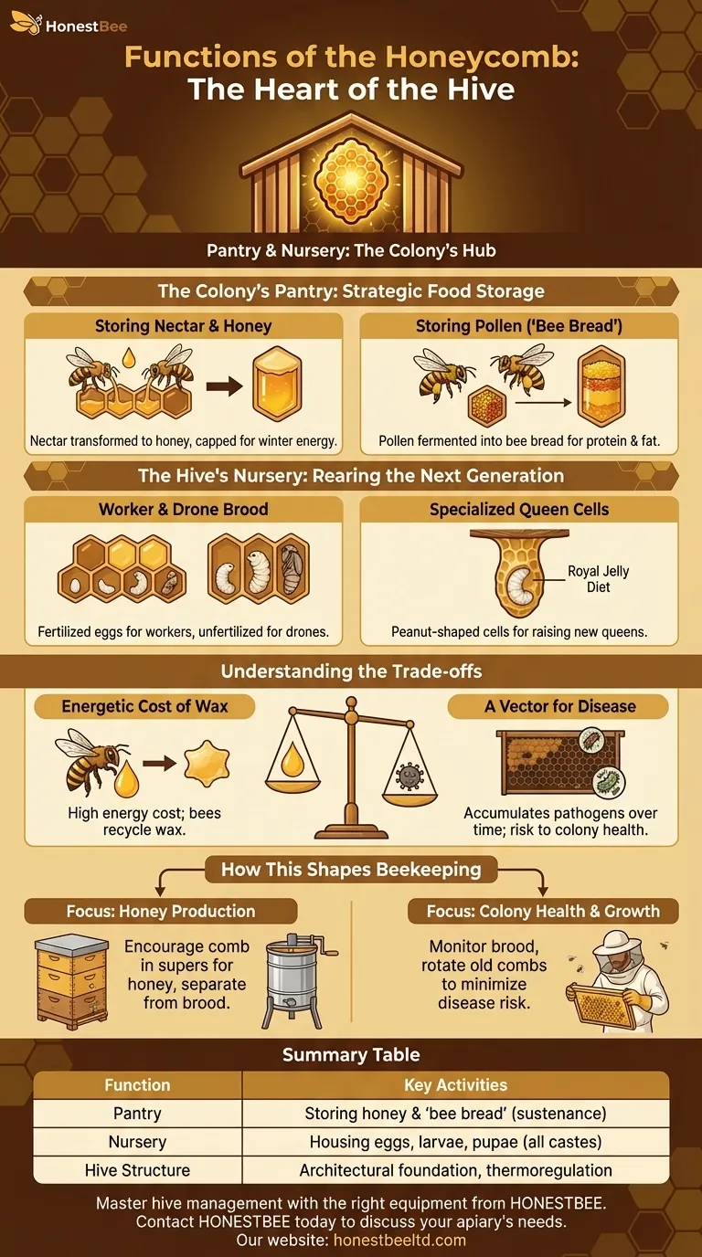 What are the functions of the comb in a bee hive? The Hive's Pantry and Nursery Visual Guide