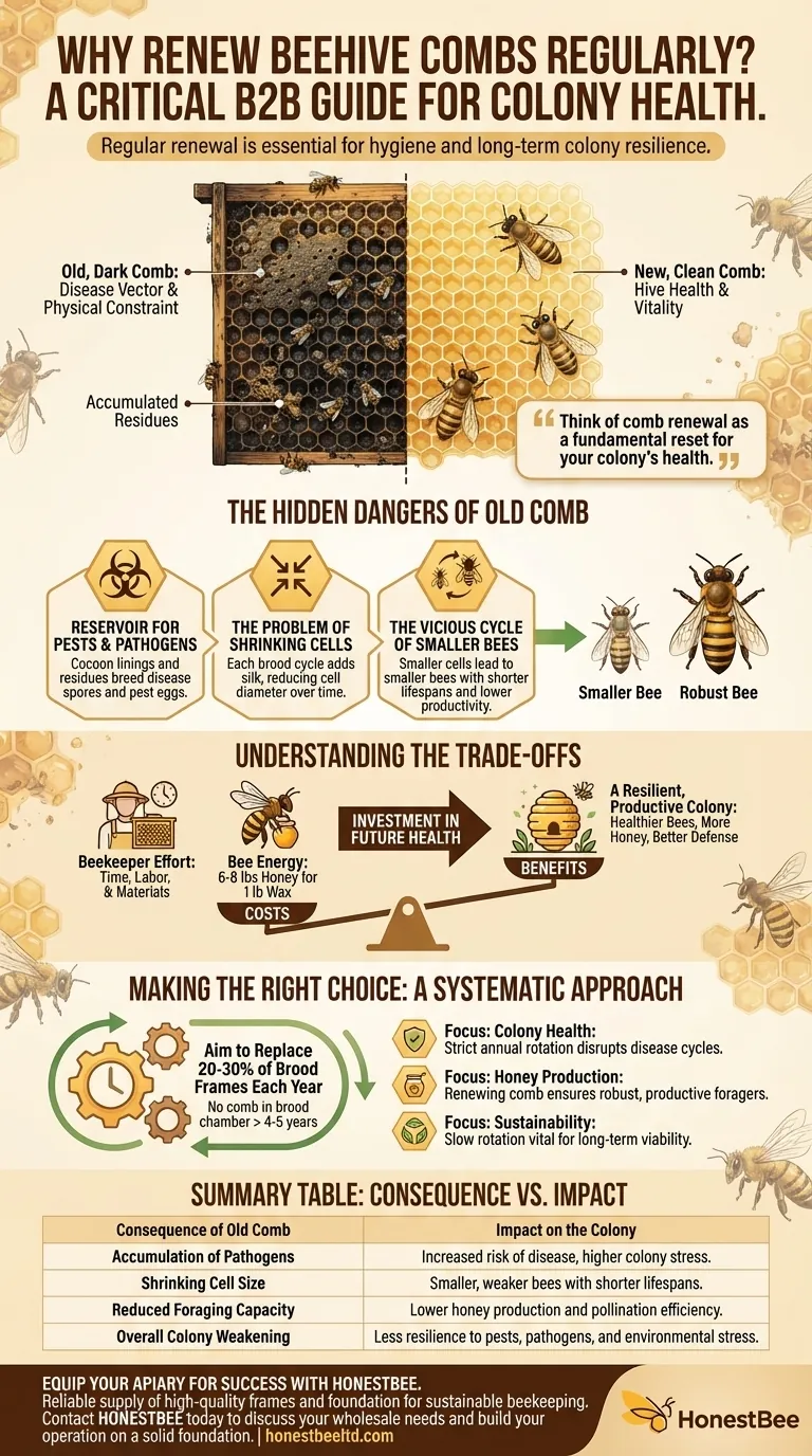 벌통의 벌집을 정기적으로 교체하고 갱신하는 것이 왜 중요한가요? 군집 건강 및 꿀 생산량 증진 시각적 가이드