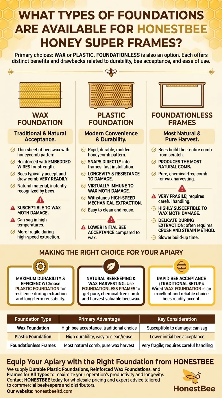 What types of foundations are available for honey super frames? Wax, Plastic, or Foundationless? Visual Guide