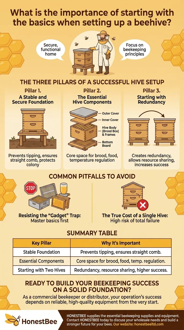 What is the importance of starting with the basics when setting up a beehive? Ensure Colony Survival and Success Visual Guide