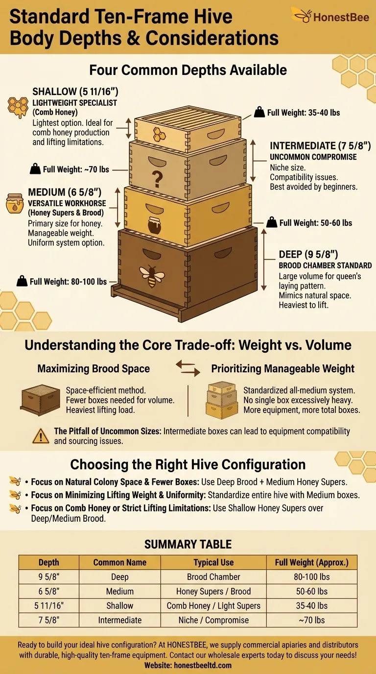 What are the common depths for ten-frame hive bodies? Choose the Right Box for Your Bees & Your Back Visual Guide