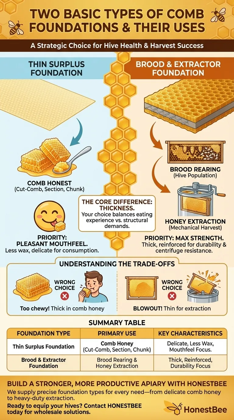What are the two basic types of comb foundations and their uses? Choose the Right Foundation for Your Hive's Goal Visual Guide