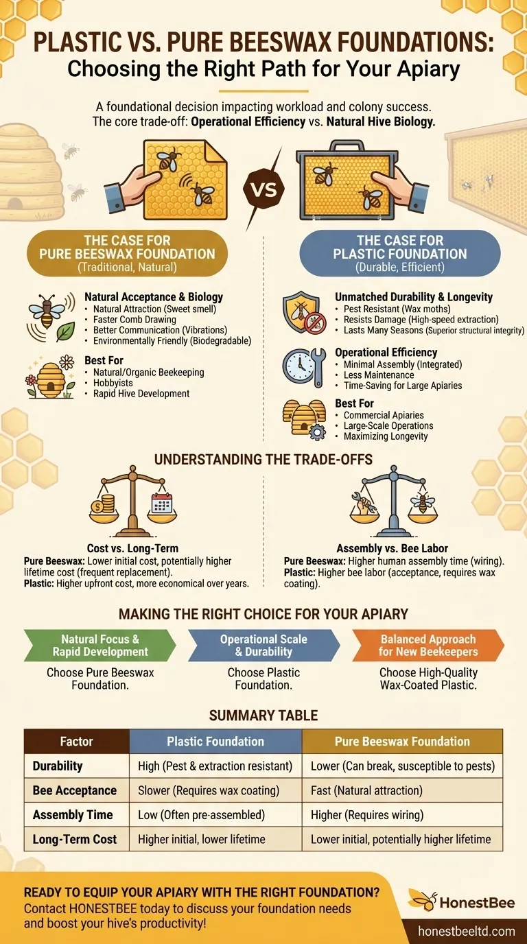 What factors should be considered when choosing between plastic and pure beeswax foundations? Optimize Your Hive's Success Visual Guide