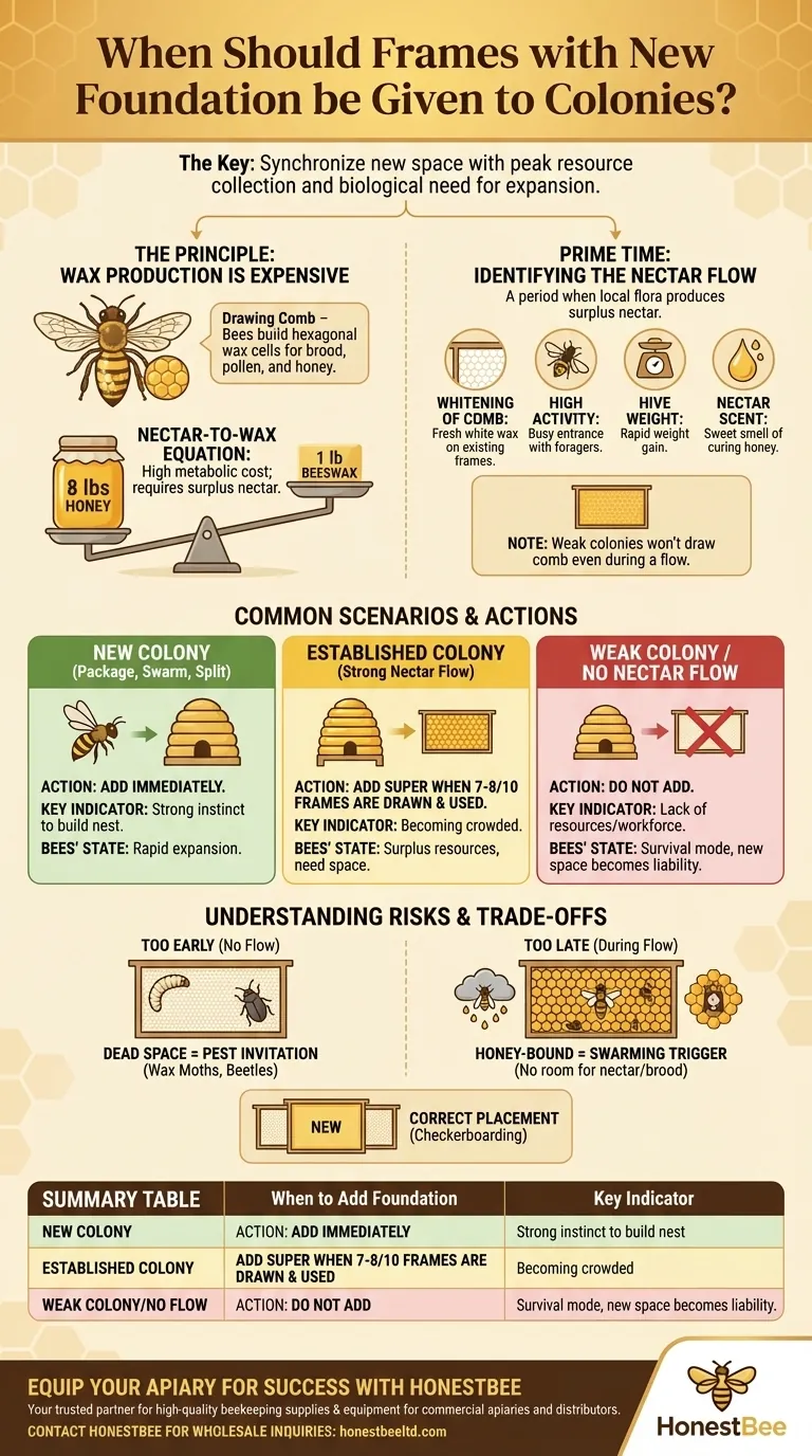 새로운 소광대(foundation)가 있는 틀을 군집에 언제 주어야 할까요? 성공적인 벌통을 위한 최적의 시기 시각적 가이드