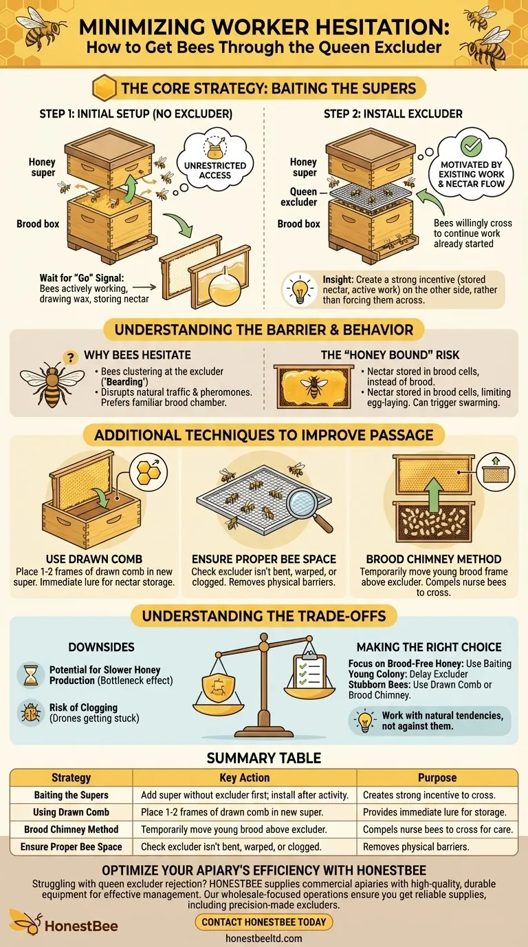일벌들이 여왕벌 격리기를 통과하지 않는 문제를 최소화하려면 어떻게 해야 할까요? 입증된 유인 기술을 사용하세요. 시각적 가이드