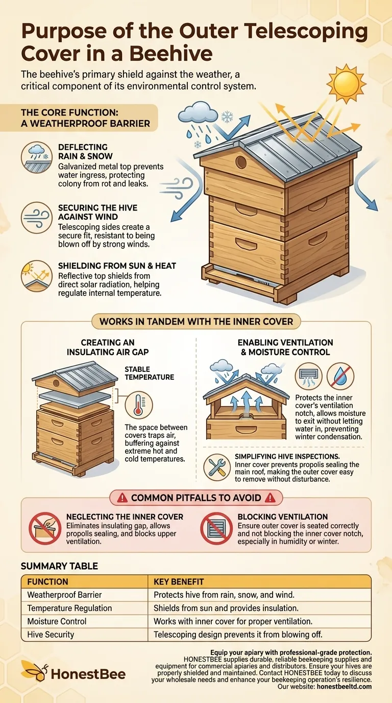 What is the purpose of the outer telescoping cover in a beehive? The Key to Weatherproofing Your Hive Visual Guide