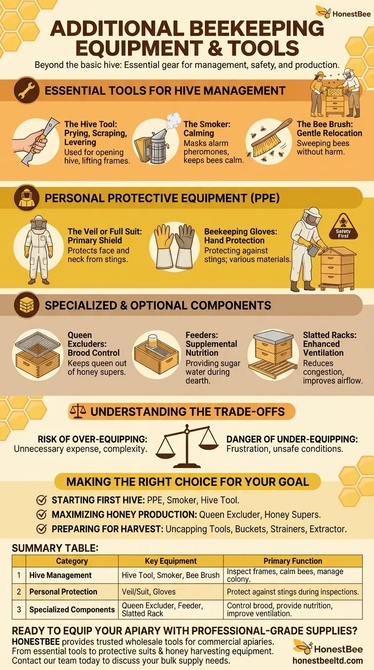 What additional equipment can be used in beekeeping besides the basic hive components? Essential Gear for Every Beekeeper Visual Guide