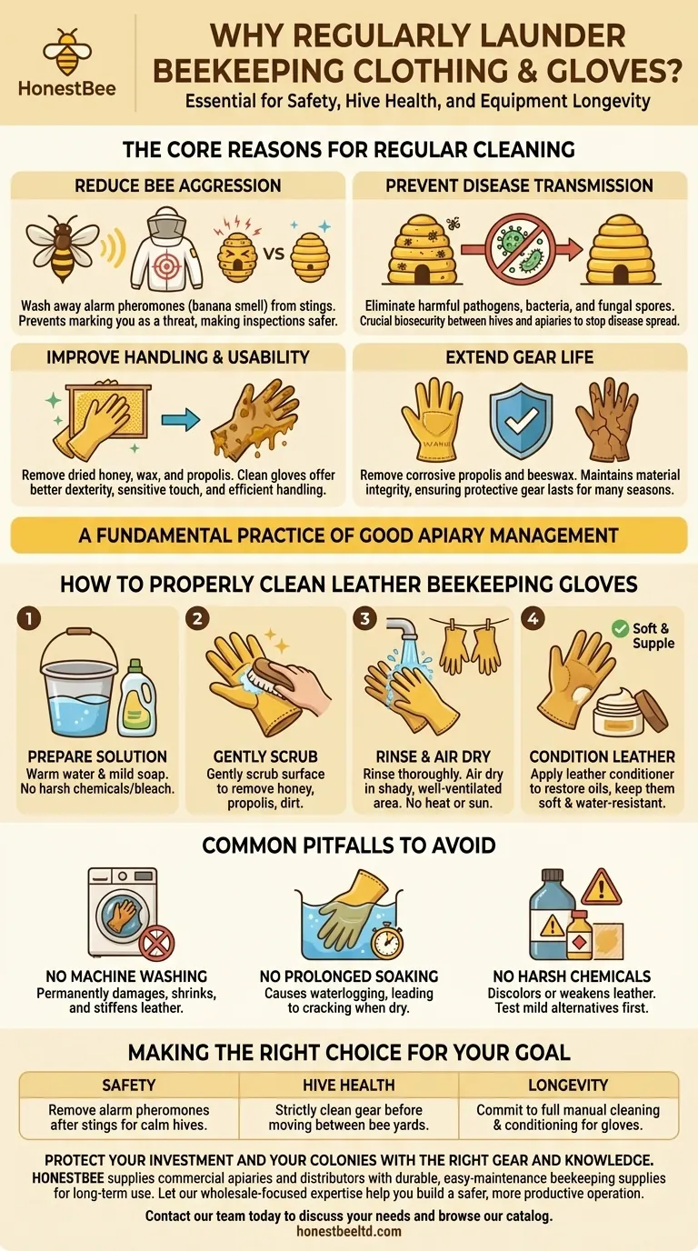 Why is it important to regularly launder clothing and gloves used in beekeeping? Ensure Hive Health & Beekeeper Safety Visual Guide
