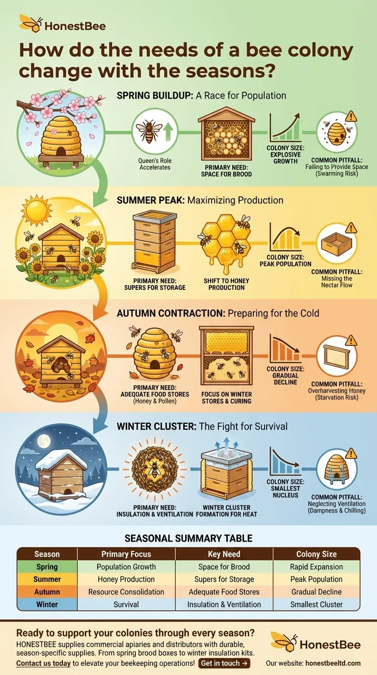 How do the needs of a bee colony change with the seasons? A Guide to Seasonal Beekeeping Success Visual Guide
