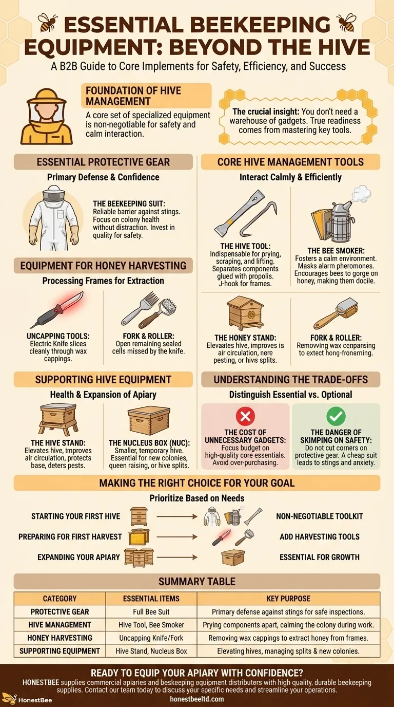What equipment and implements are needed by beekeepers besides the hives? Build Your Essential Beekeeping Toolkit Visual Guide