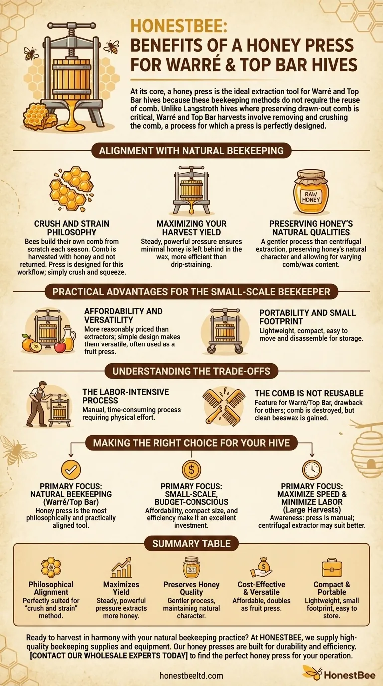 Каковы преимущества использования медового пресса для ульев Варре (Warré) или Топ-Бар (Top Bar)? Максимизируйте свой натуральный урожай Визуальное руководство