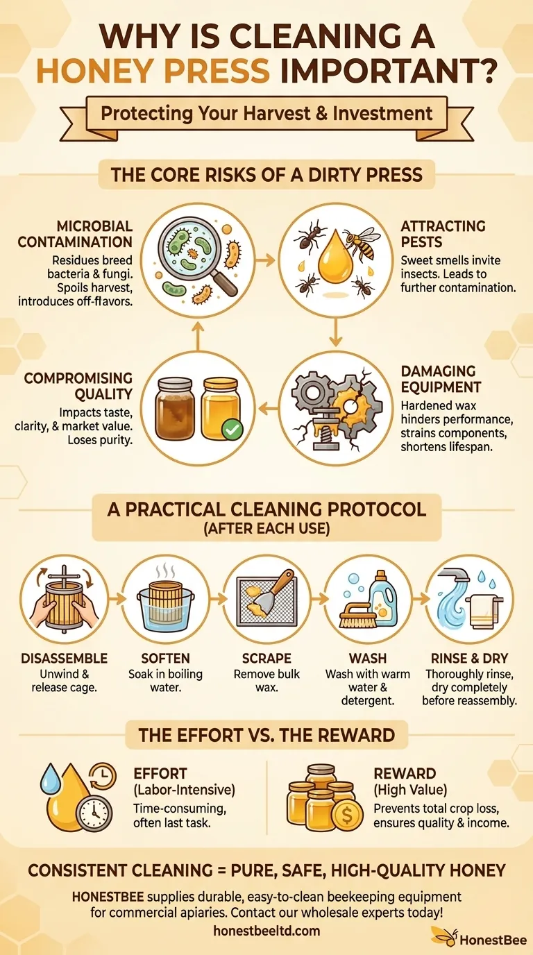 Why is cleaning a honey press important? Protect Your Harvest from Contamination Visual Guide