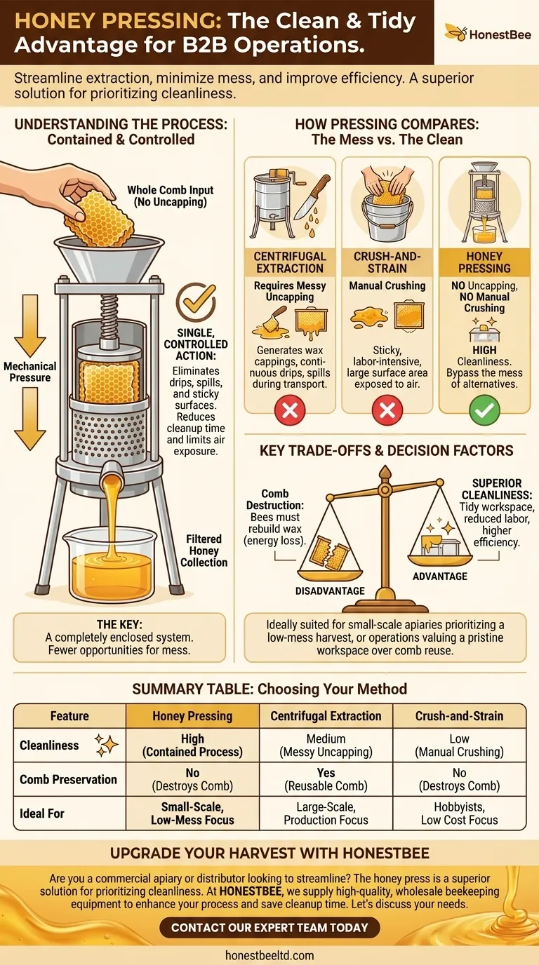 What are the advantages of pressing honey in terms of cleanliness and tidiness? A Cleaner, More Contained Harvest Visual Guide