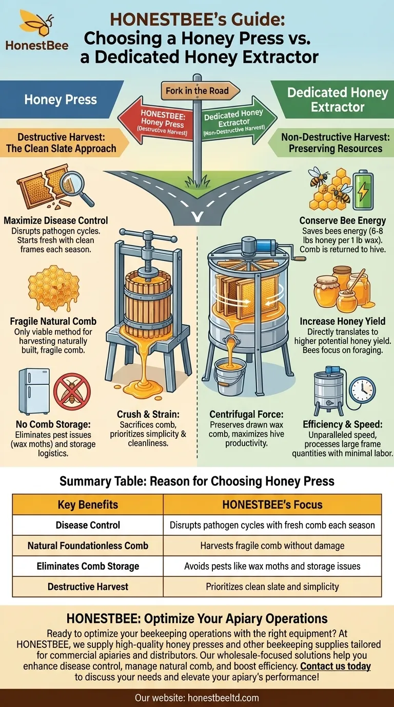 What are the reasons for choosing a honey press over a dedicated honey extractor? Maximize Disease Control and Natural Beekeeping Visual Guide