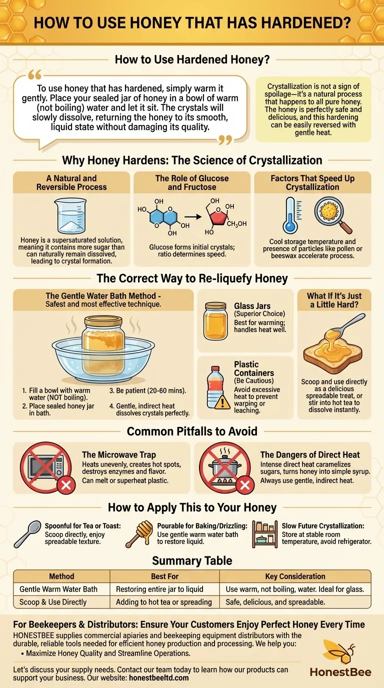 굳은 꿀은 어떻게 사용하나요? 부드러운 열로 액체 형태로 안전하게 복원하는 방법 시각적 가이드