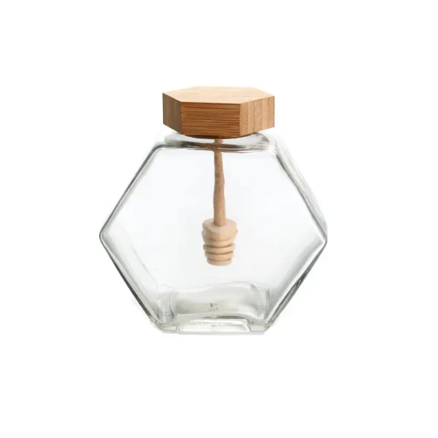 Tarro Hexagonal de Cristal para Miel con Tapa de Madera Cucharón Integrado Elegante Almacenamiento Funcional